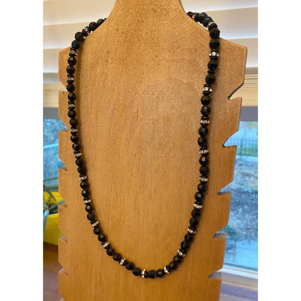 Black Rhinestone Round Faceted Beaded Necklace with Clear Faux Diamond Box Clasp